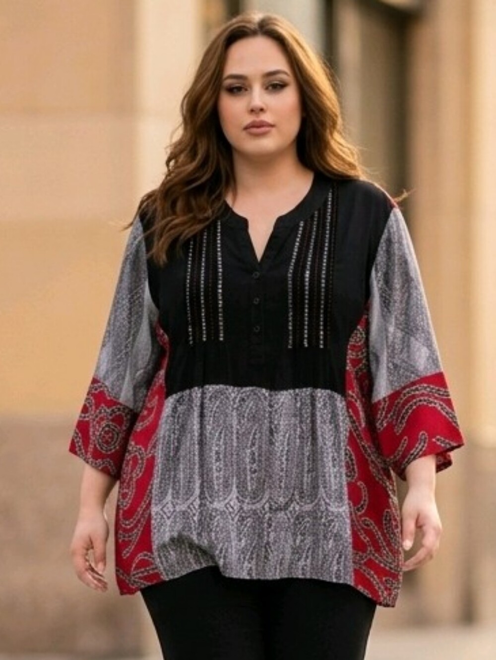 Plus Size Red and Black Mixed-Print Tunic Top 3/4 Sleeves